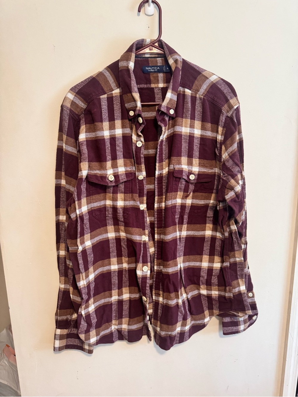 Nautica Men's Burgundy and Tan Plaid Button-Down Shirt